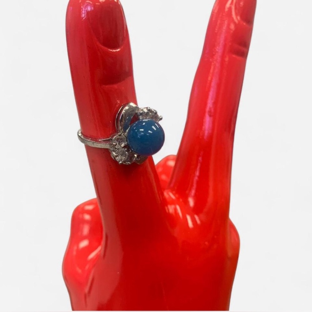 Whimsical Mermaidcore Silver Ring with Round Blue Center and Rhinestone Accents